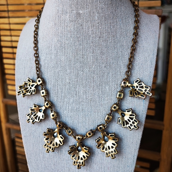 J. Crew Signed Oxidized Brass Art Deco Reproduction Jeweled Necklace - Picture 3 of 12